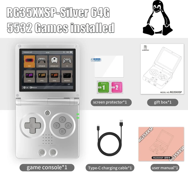 ANBERNIC RG35XXSP 3.5'' IPS Bildschirm Flip Handheld Konsole Linux System HDMI-kompatibel TV Ausgang 64G 5500 Spiele Pre-installiert