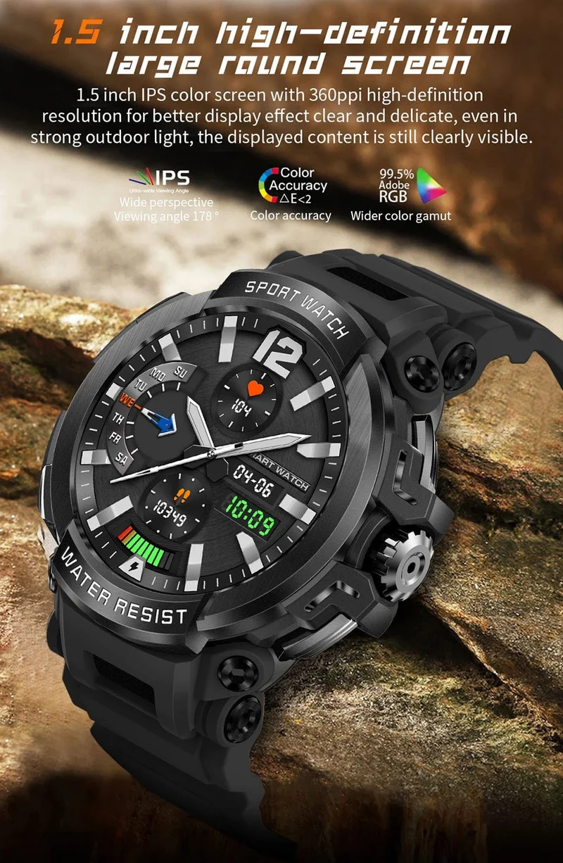 MEVADEN 1.5 Zoll Bluetooth-Anruf GPS-Smartwatch für Männer, 120+ Sportarten, Fitness-Tracker, Gesundheitsmonitor, Smartwatch für Android IOS, 600 mAh, T90