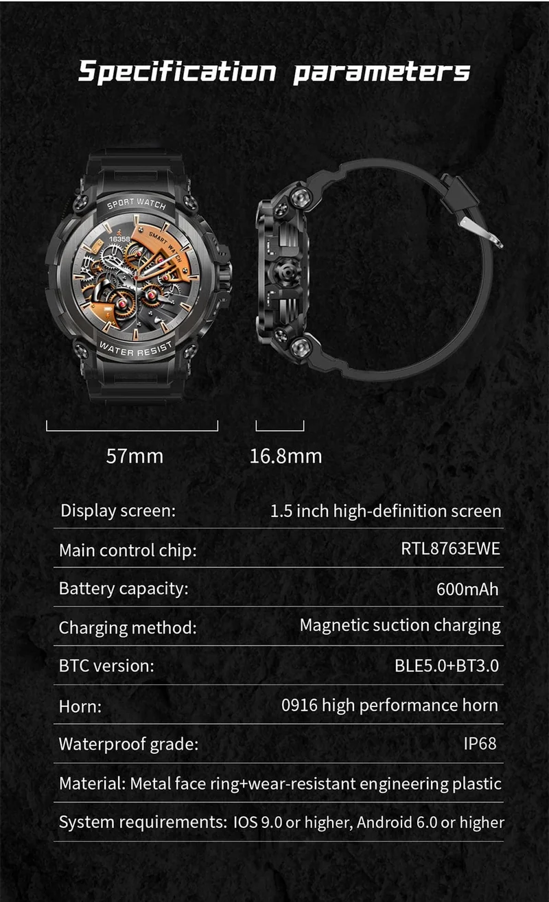 MEVADEN 1.5 Zoll Bluetooth-Anruf GPS-Smartwatch für Männer, 120+ Sportarten, Fitness-Tracker, Gesundheitsmonitor, Smartwatch für Android IOS, 600 mAh, T90