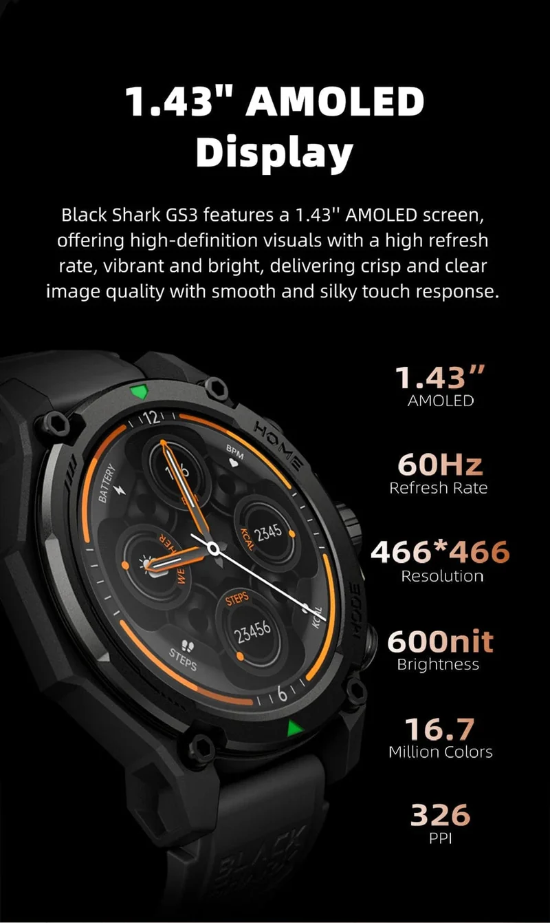[Weltpremiere] Blackshark GS3 Smart Watch Globale Version 1.43"AMOLED-Display GPS-Satellitenpositionierung 21 Tage Akkulaufzeit 5ATM