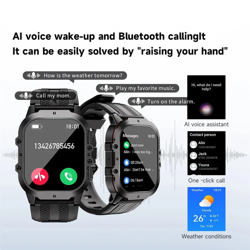 MISIRUN Neue C26 Smart Watch, 100+ Sportmodi, Bluetooth-Anruf-Smartwatch, 1.96 Zoll, AMOLED, 1 ATM, wasserdicht, Militär-Armbanduhr für den Außenbereich