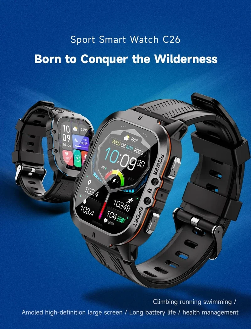 MISIRUN Neue C26 Smart Watch, 100+ Sportmodi, Bluetooth-Anruf-Smartwatch, 1.96 Zoll, AMOLED, 1 ATM, wasserdicht, Militär-Armbanduhr für den Außenbereich
