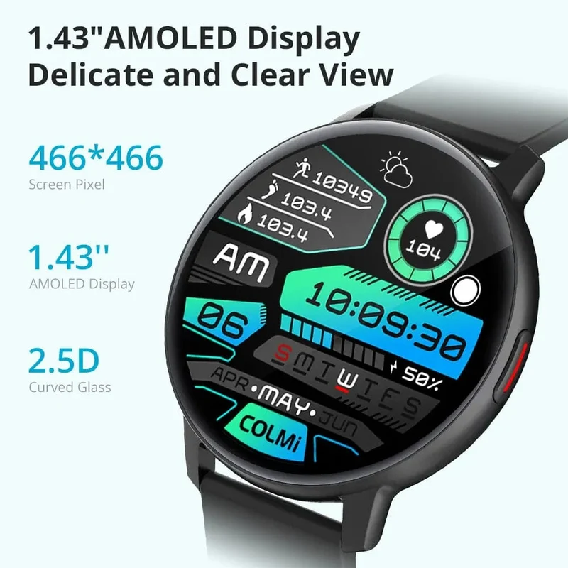 COLMI I31 Smartwatch, 1.43 Zoll AMOLED-Bildschirm, 100 Sportmodi, 7 Tage Akkulaufzeit, Always On Display, Smart Watch für Männer und Frauen