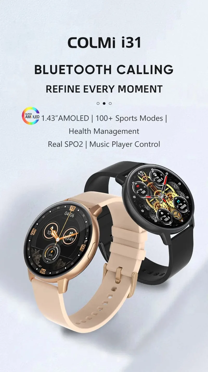 COLMI I31 Smartwatch, 1.43 Zoll AMOLED-Bildschirm, 100 Sportmodi, 7 Tage Akkulaufzeit, Always On Display, Smart Watch für Männer und Frauen