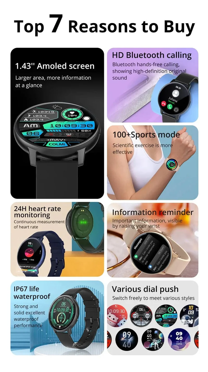 COLMI I31 Smartwatch, 1.43 Zoll AMOLED-Bildschirm, 100 Sportmodi, 7 Tage Akkulaufzeit, Always On Display, Smart Watch für Männer und Frauen