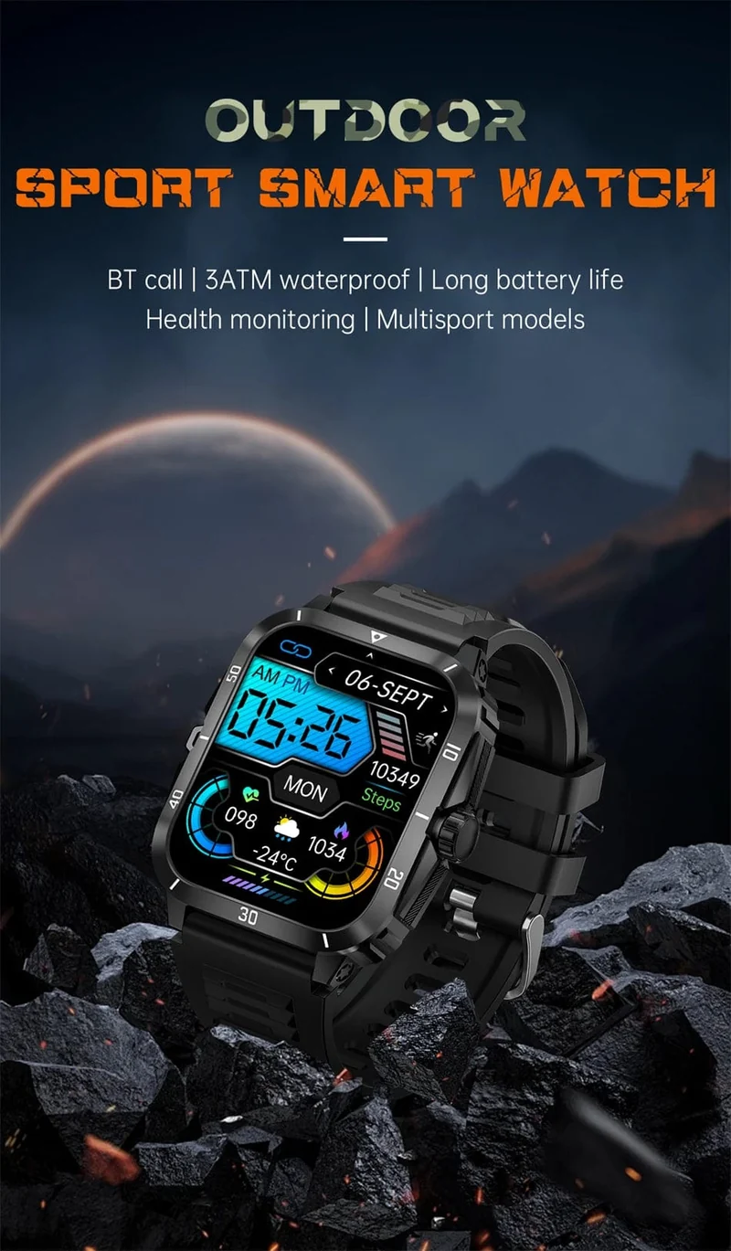 2024 Outdoor Militär 3ATM wasserdichte Smart Watch Männer 430mAh Akku Sport Fitness Uhren Bluetooth Anruf Smartwatch App:Da Fit