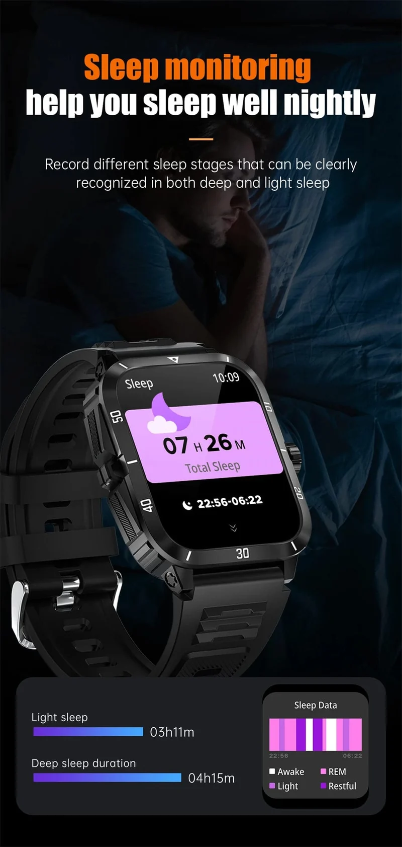 2024 Outdoor Militär 3ATM wasserdichte Smart Watch Männer 430mAh Akku Sport Fitness Uhren Bluetooth Anruf Smartwatch App:Da Fit