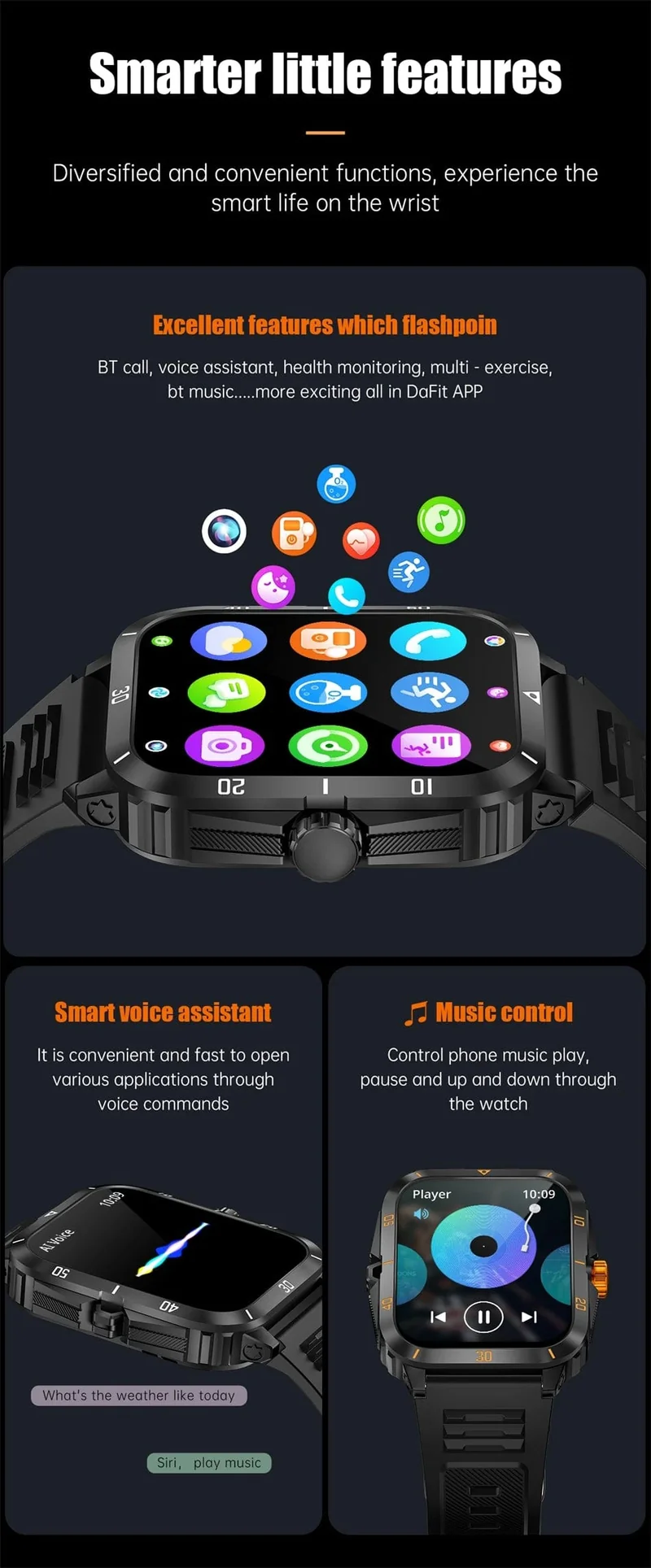 2024 Outdoor Militär 3ATM wasserdichte Smart Watch Männer 430mAh Akku Sport Fitness Uhren Bluetooth Anruf Smartwatch App:Da Fit