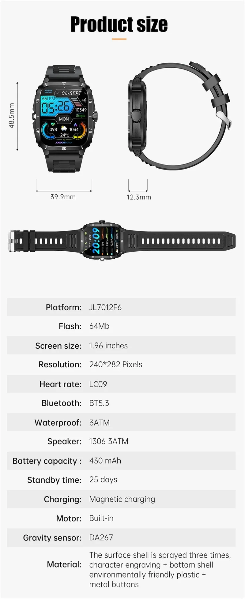 2024 Outdoor Militär 3ATM wasserdichte Smart Watch Männer 430mAh Akku Sport Fitness Uhren Bluetooth Anruf Smartwatch App:Da Fit