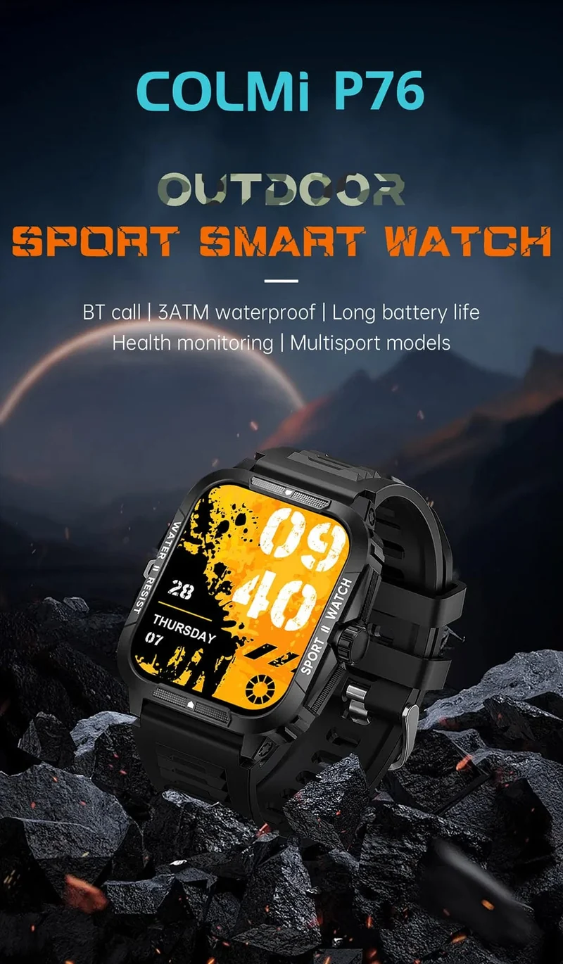 COLMI P76 1.96" Outdoor-Militär-Smartwatch für Herren, Bluetooth-Anruf, Smartwatch, 3 ATM, IP68, Wasserdichtigkeit, Sport-Fitnessuhren