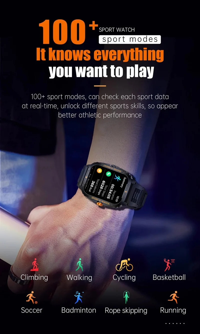 COLMI P76 1.96" Outdoor-Militär-Smartwatch für Herren, Bluetooth-Anruf, Smartwatch, 3 ATM, IP68, Wasserdichtigkeit, Sport-Fitnessuhren