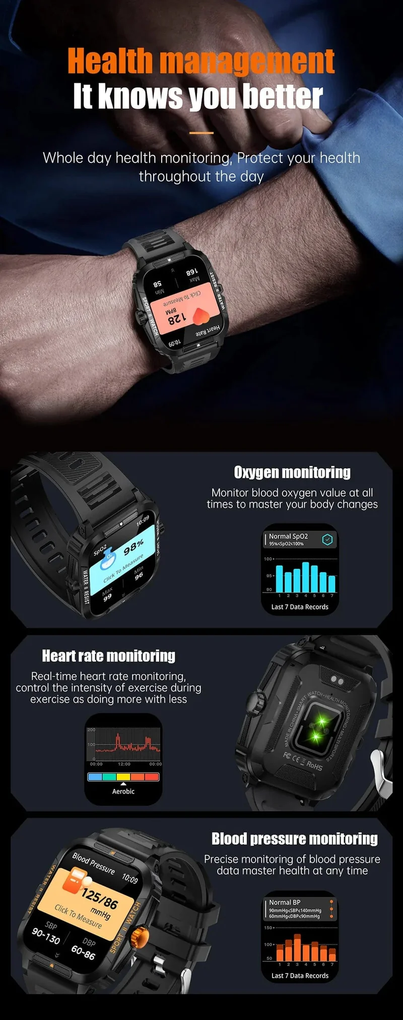 COLMI P76 1.96" Outdoor-Militär-Smartwatch für Herren, Bluetooth-Anruf, Smartwatch, 3 ATM, IP68, Wasserdichtigkeit, Sport-Fitnessuhren