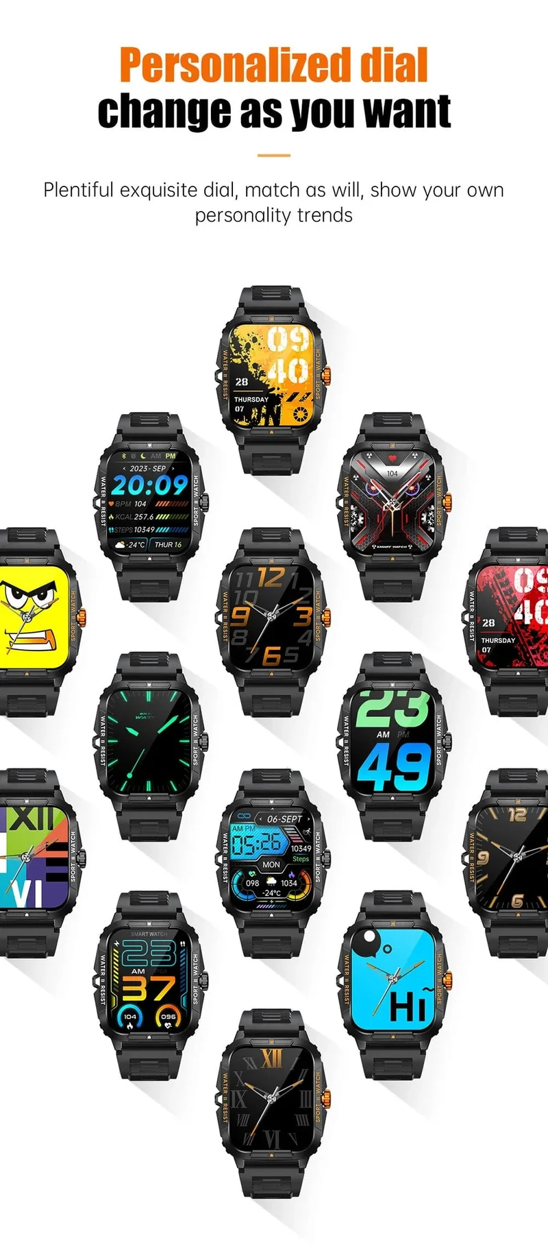 COLMI P76 1.96" Outdoor-Militär-Smartwatch für Herren, Bluetooth-Anruf, Smartwatch, 3 ATM, IP68, Wasserdichtigkeit, Sport-Fitnessuhren