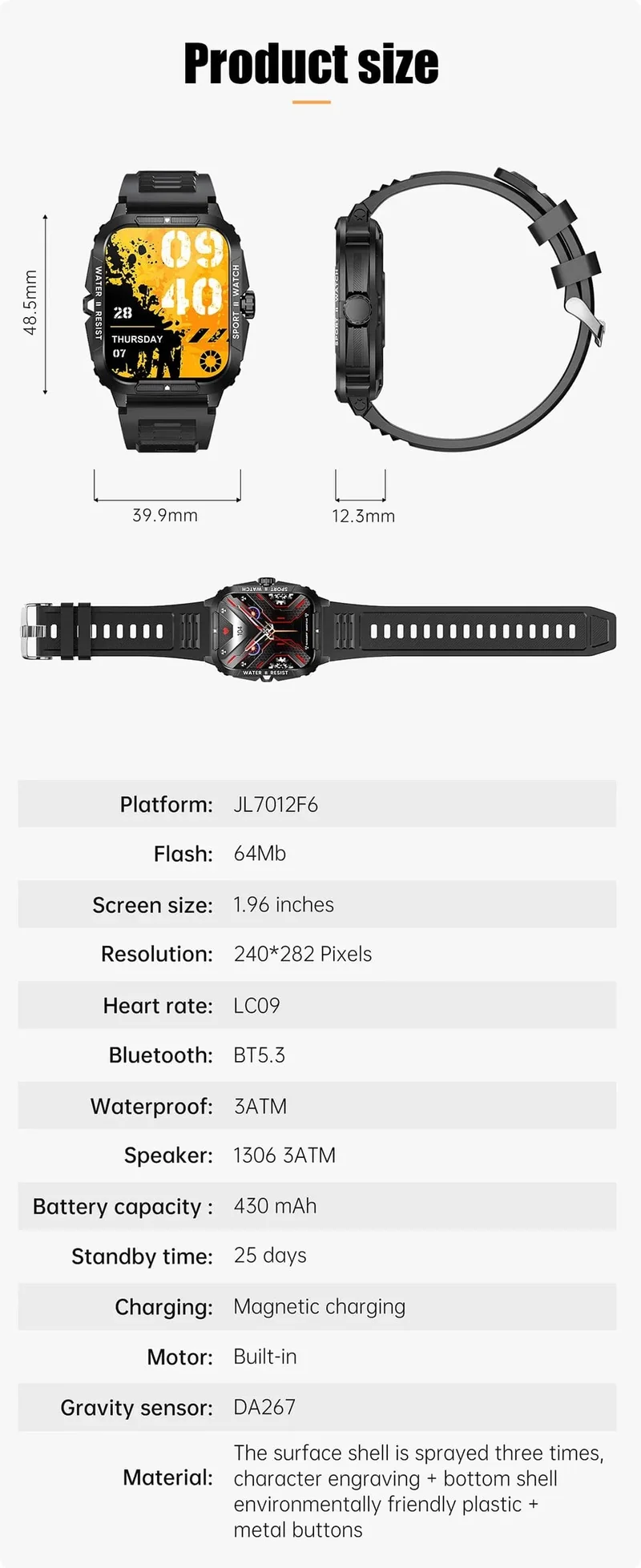 COLMI P76 1.96" Outdoor-Militär-Smartwatch für Herren, Bluetooth-Anruf, Smartwatch, 3 ATM, IP68, Wasserdichtigkeit, Sport-Fitnessuhren