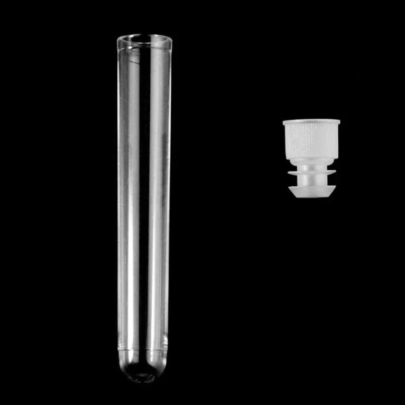 100 Stück durchsichtige Reagenzgläser aus Kunststoff mit weißen Schraubkappen, Probenbehälter, Flaschen, Druckkappen, 12 x 75 mm