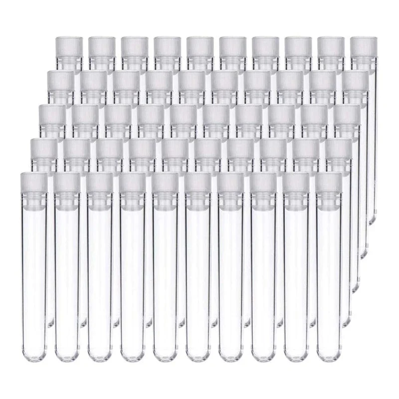 100 Stück durchsichtige Reagenzgläser aus Kunststoff mit weißen Schraubkappen, Probenbehälter, Flaschen, Druckkappen, 12 x 75 mm