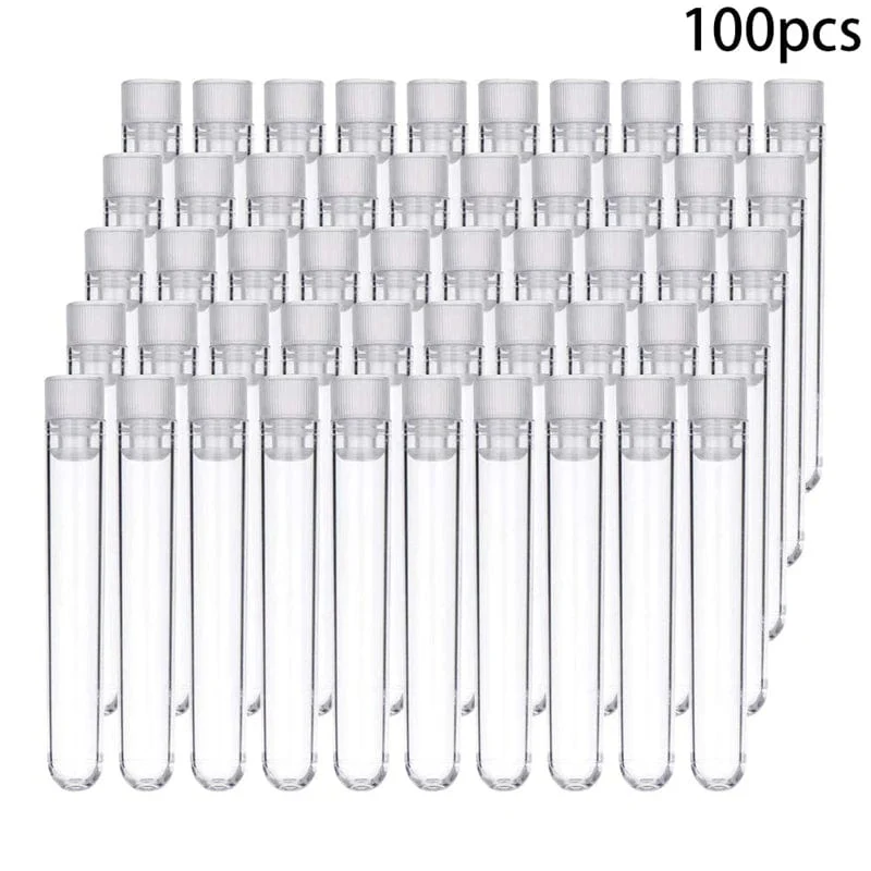 100 Stück durchsichtige Reagenzgläser aus Kunststoff mit weißen Schraubkappen, Probenbehälter, Flaschen, Druckkappen, 12 x 75 mm