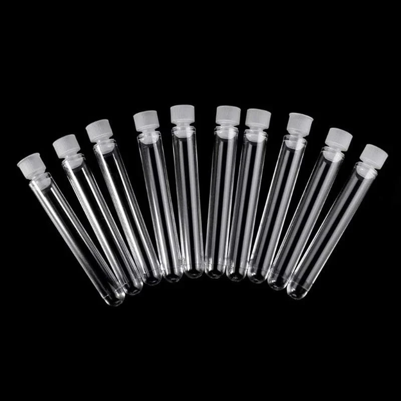 100 Stück durchsichtige Reagenzgläser aus Kunststoff mit weißen Schraubkappen, Probenbehälter, Flaschen, Druckkappen, 12 x 75 mm