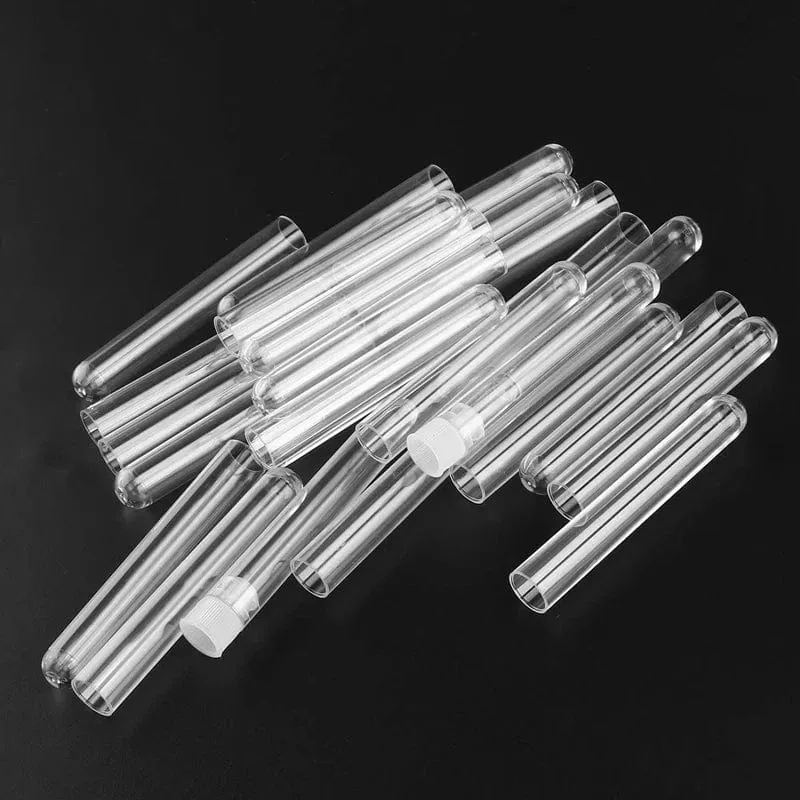 100 Stück durchsichtige Reagenzgläser aus Kunststoff mit weißen Schraubkappen, Probenbehälter, Flaschen, Druckkappen, 12 x 75 mm