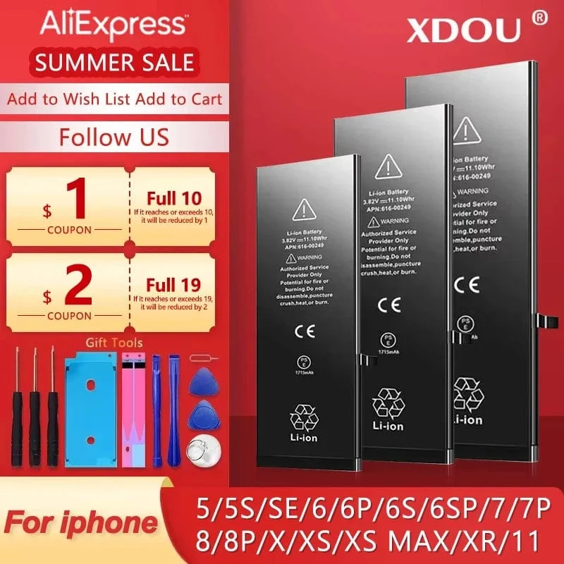 Hochwertiger Nullzyklus-Akku für iPhone SE 5 6 6S 5S 7 8 Plus X Xs Max Xr 11 Pro Mobiltelefon mit kostenlosem Werkzeugaufkleber