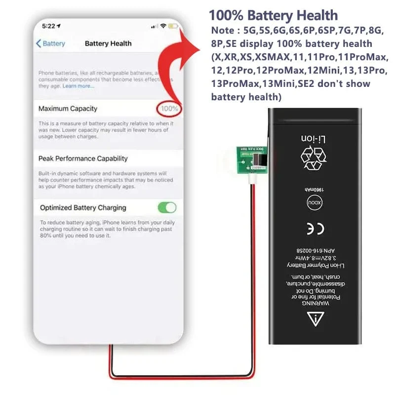 Hochwertiger Nullzyklus-Akku für iPhone SE 5 6 6S 5S 7 8 Plus X Xs Max Xr 11 Pro Mobiltelefon mit kostenlosem Werkzeugaufkleber