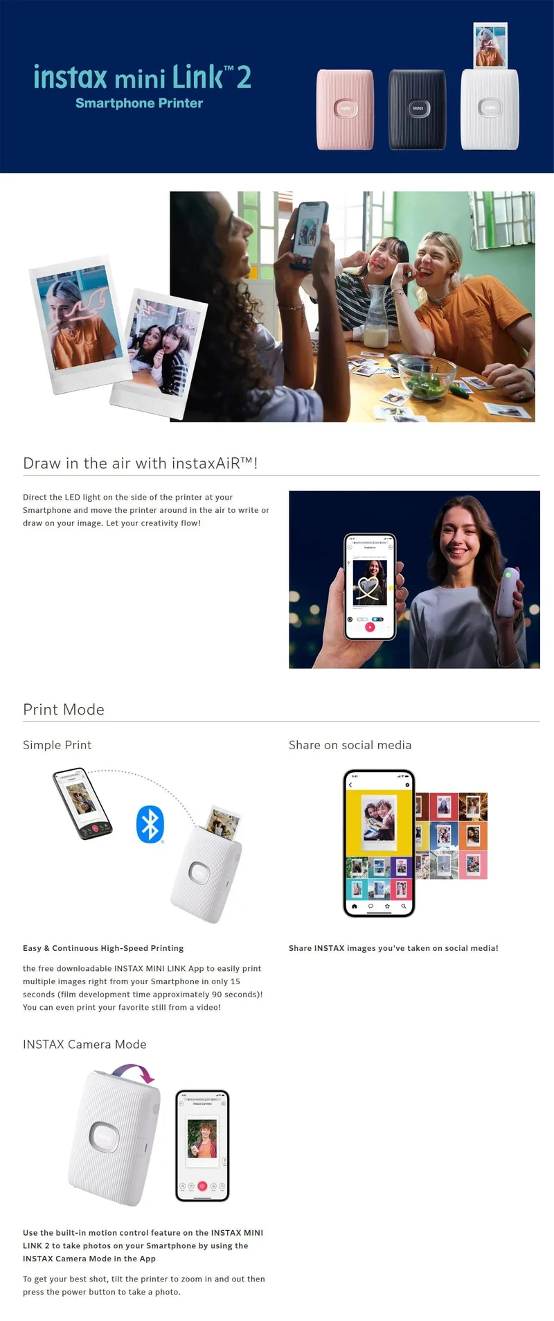 Original Fujifilm Instax Mini Link 2 Drucker Instax Fotokamera Drucker für Smartphone-App Filmmaschine Neue Fujifilm Kamera