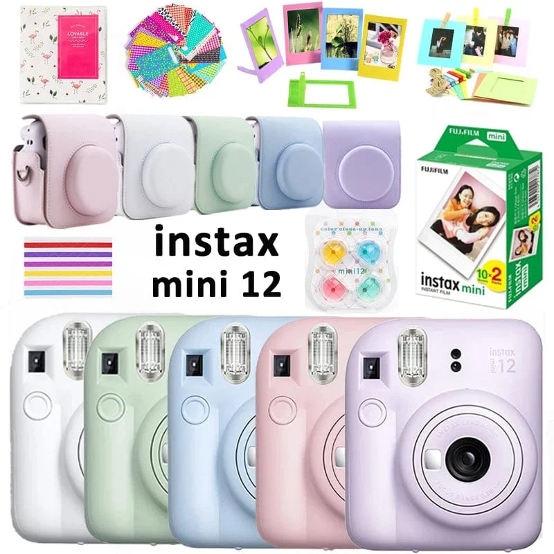 Fujifilm Instax Mini 12 Kamera Pink/Blau/Mint/Weiß/Lila + 20 Blatt Instax Mini Film + Album + Tasche + 10 in 1 Kits