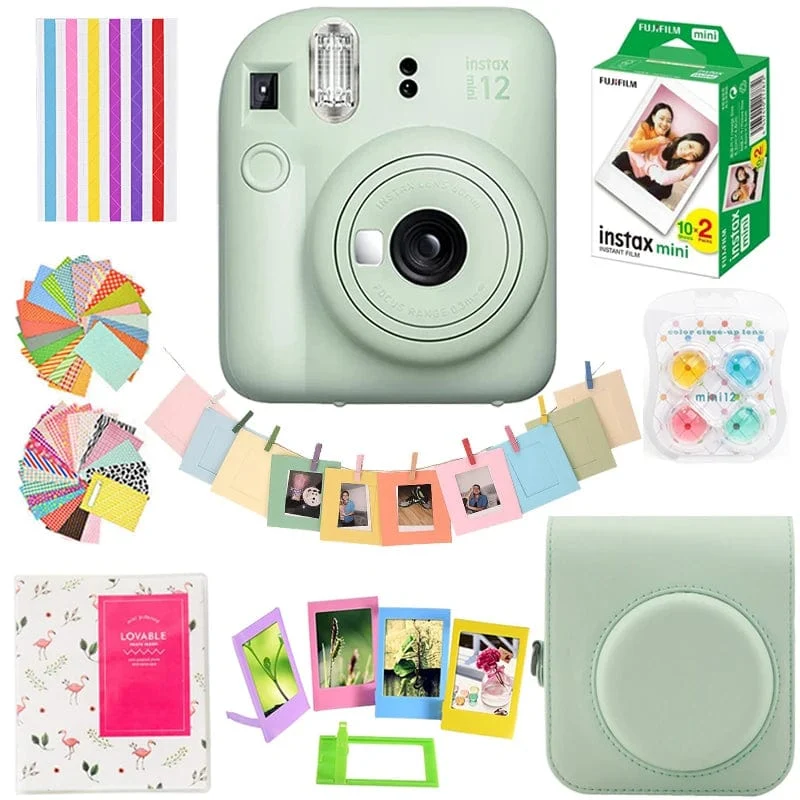 Fujifilm Instax Mini 12 Kamera Pink/Blau/Mint/Weiß/Lila + 20 Blatt Instax Mini Film + Album + Tasche + 10 in 1 Kits