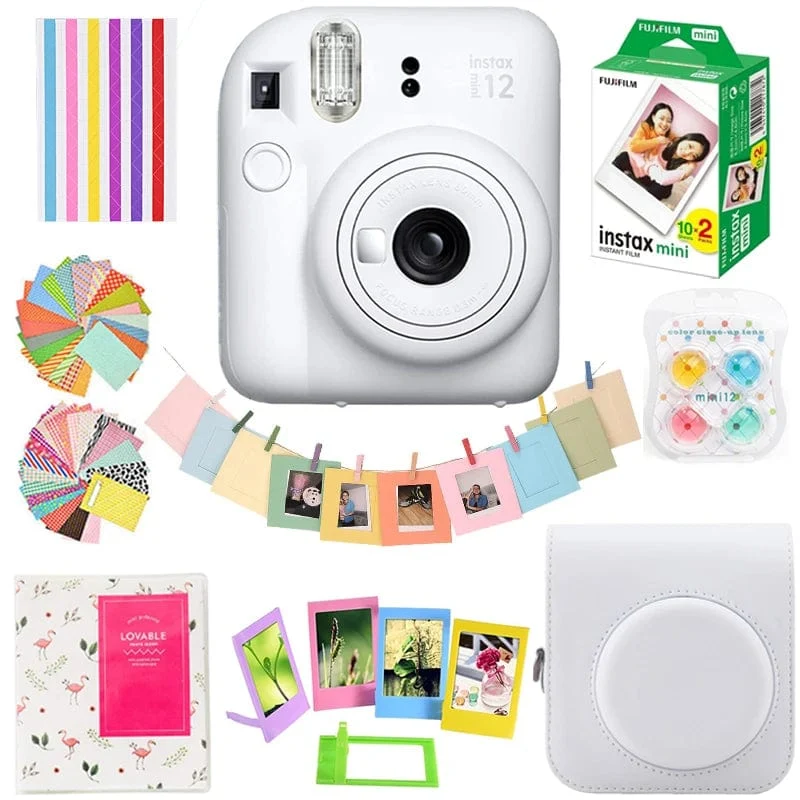 Fujifilm Instax Mini 12 Kamera Pink/Blau/Mint/Weiß/Lila + 20 Blatt Instax Mini Film + Album + Tasche + 10 in 1 Kits