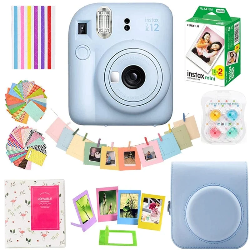 Fujifilm Instax Mini 12 Kamera Pink/Blau/Mint/Weiß/Lila + 20 Blatt Instax Mini Film + Album + Tasche + 10 in 1 Kits