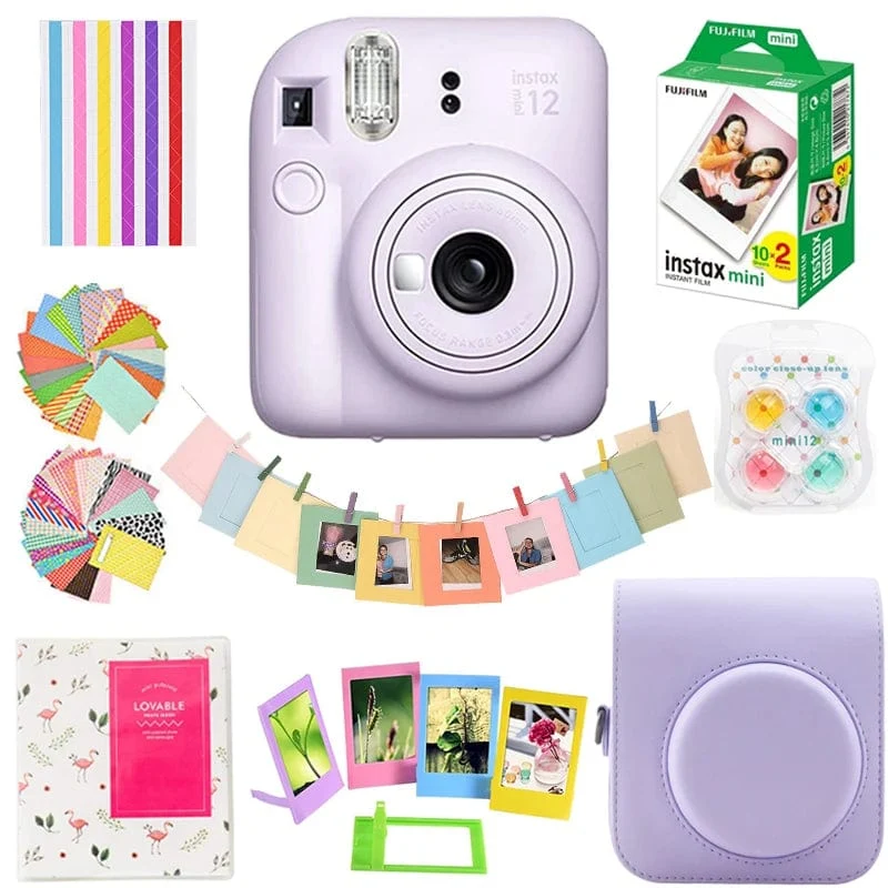 Fujifilm Instax Mini 12 Kamera Pink/Blau/Mint/Weiß/Lila + 20 Blatt Instax Mini Film + Album + Tasche + 10 in 1 Kits