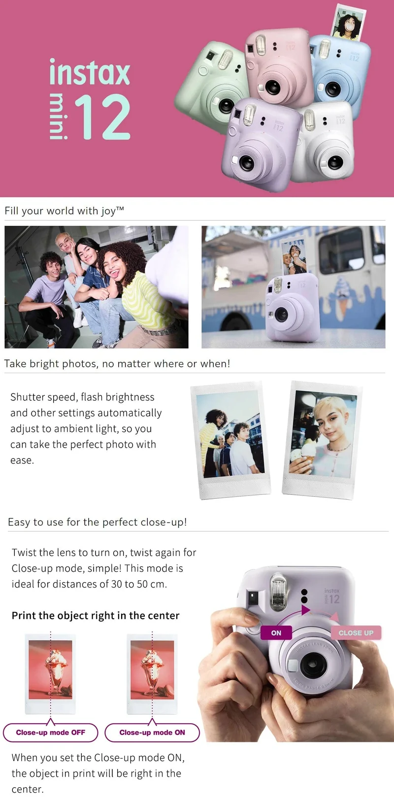 Fujifilm Instax Mini 12 Kamera Pink/Blau/Mint/Weiß/Lila + 20 Blatt Instax Mini Film + Album + Tasche + 10 in 1 Kits