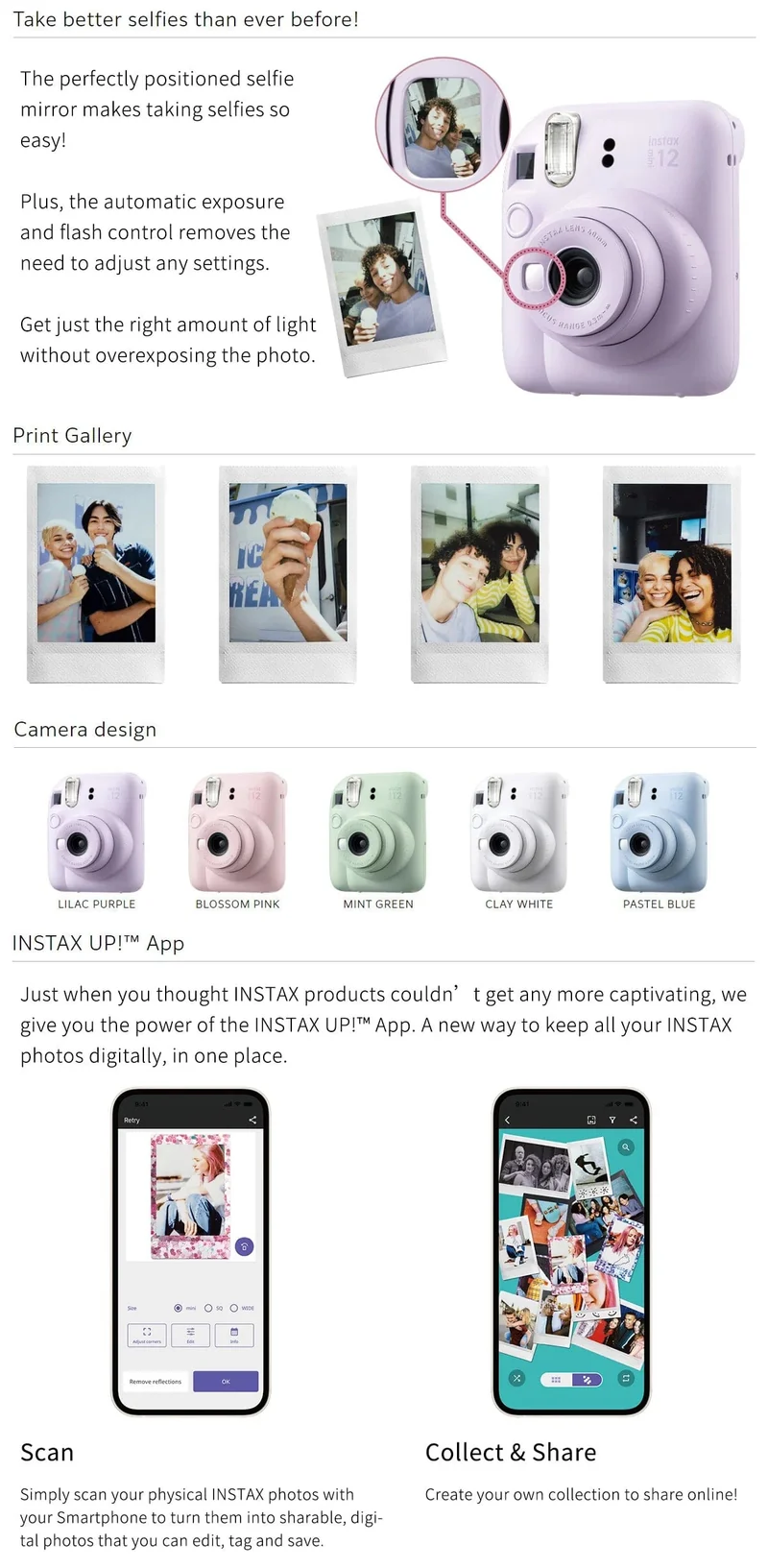 Fujifilm Instax Mini 12 Kamera Pink/Blau/Mint/Weiß/Lila + 20 Blatt Instax Mini Film + Album + Tasche + 10 in 1 Kits