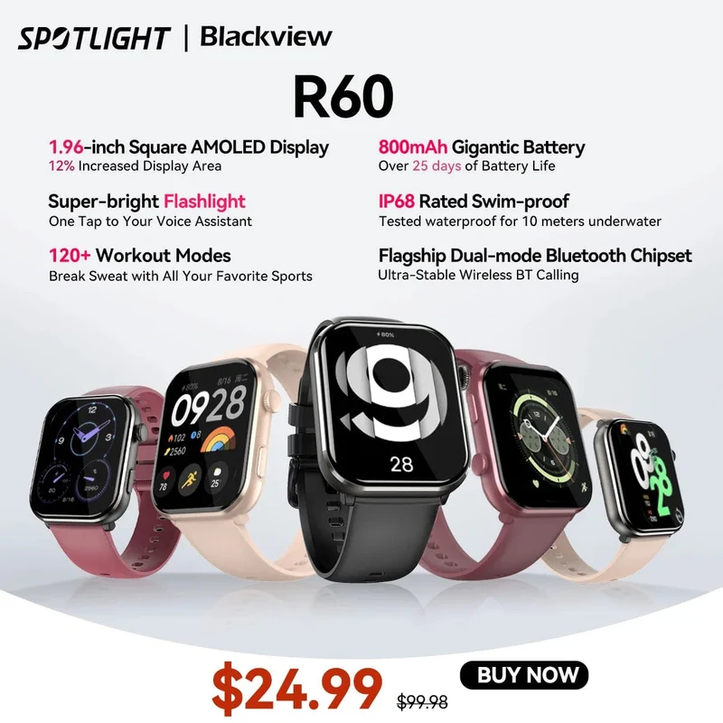 [Weltpremiere] Blackview Smartwatch R60 Uhr 1.96'' AMOLED-Display 800mAh Bluetooth-Telefonanrufe Gesundheits- und Fitness-Tracking