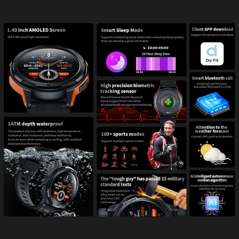 C25 Smartwatches für Männer AMOLED-Bildschirm 1.43 Zoll 1ATM Wasserdicht Pulsmesser Sport Smartwatch Bluetooth Anruf Frauen Fitness