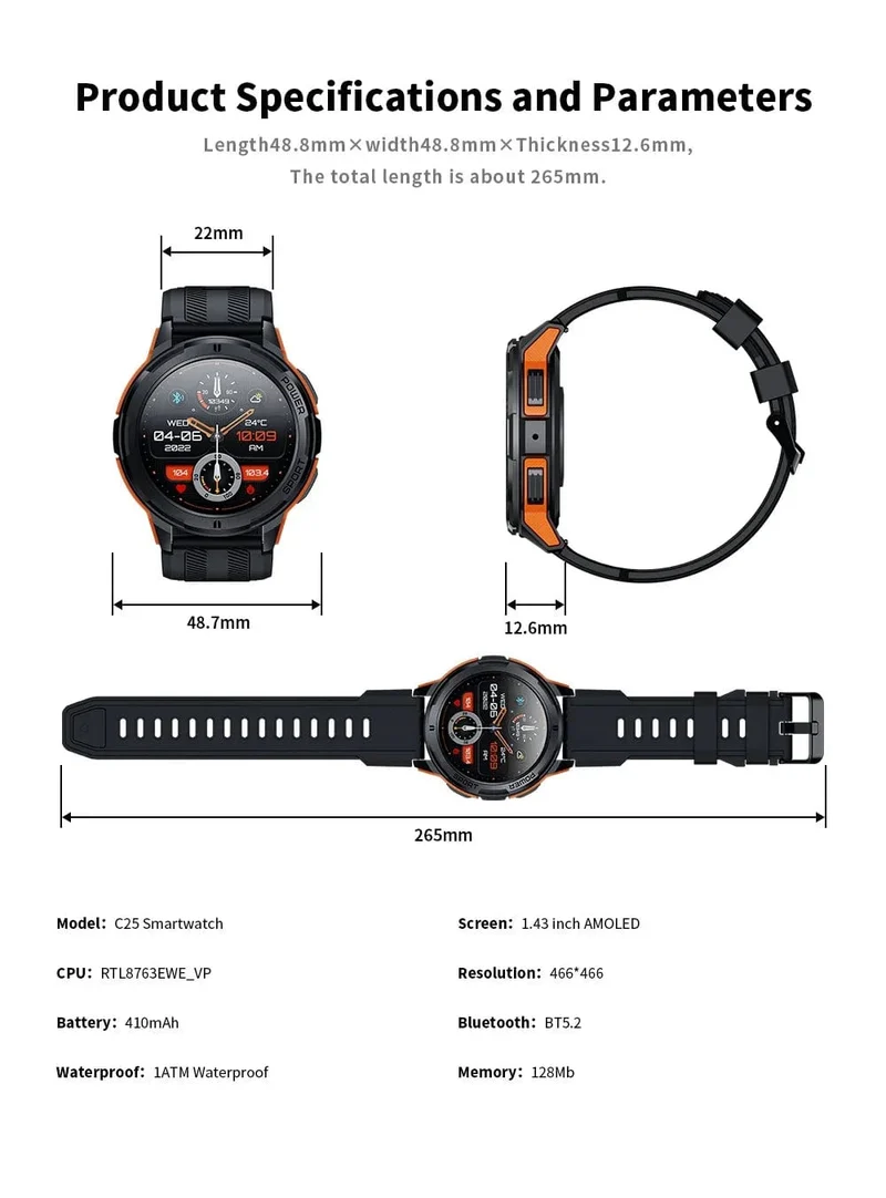 C25 Smartwatches für Männer AMOLED-Bildschirm 1.43 Zoll 1ATM Wasserdicht Pulsmesser Sport Smartwatch Bluetooth Anruf Frauen Fitness