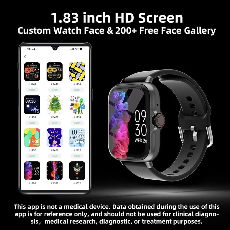 1.83 Zoll wasserdichte Smartwatch mit Nachrichtenannahme, Anrufüberwachung, Sport-Schrittzähler, Informationswarnungen für iPhone und Android