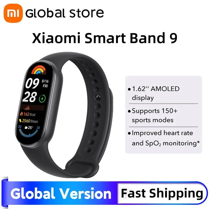 Globale Version Xiaomi Smart Band 9 1.62'' AMOLED-Display Bis zu 21 Tage Akkulaufzeit* Herzfrequenz- und SpO₂-Überwachung* Über 150 Sportmodi