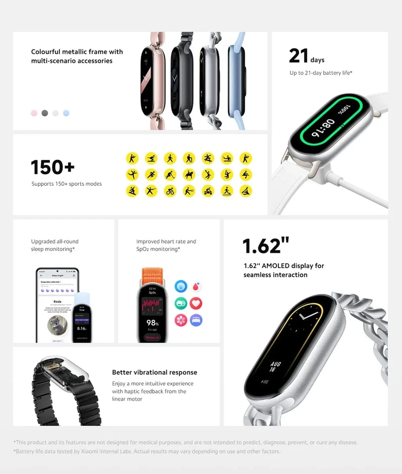 Globale Version Xiaomi Smart Band 9 1.62'' AMOLED-Display Bis zu 21 Tage Akkulaufzeit* Herzfrequenz- und SpO₂-Überwachung* Über 150 Sportmodi