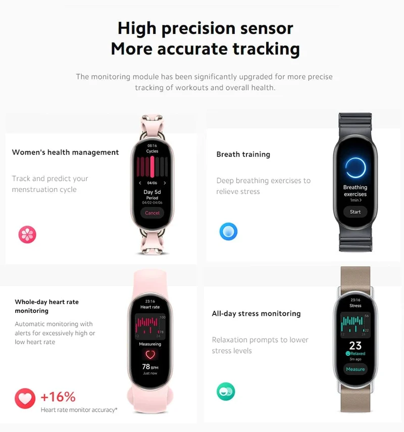 Globale Version Xiaomi Smart Band 9 1.62'' AMOLED-Display Bis zu 21 Tage Akkulaufzeit* Herzfrequenz- und SpO₂-Überwachung* Über 150 Sportmodi