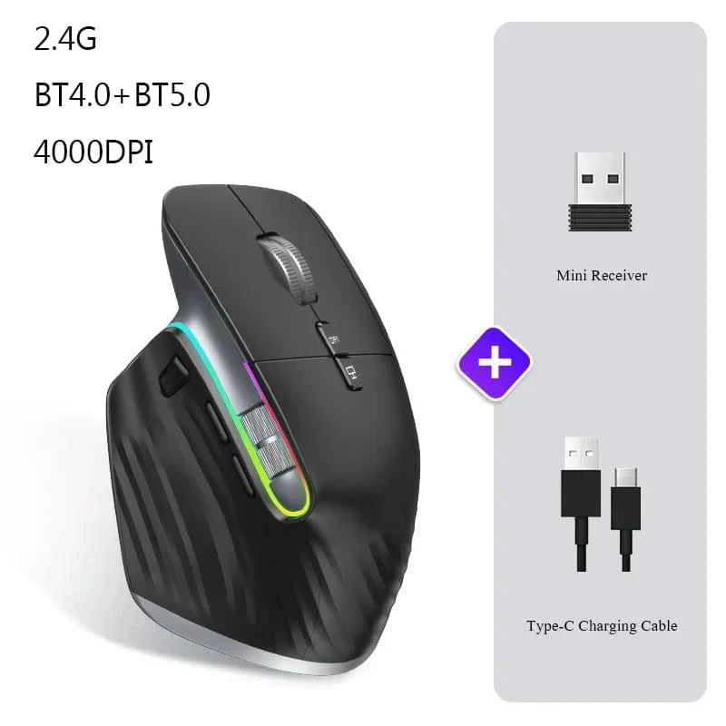 Kabellose Maus Bluetooth + 2.4G Tri-Mode-Maus Stummschaltmäuse Ergonomische Gaming-Maus USB-C Wiederaufladbar 5 DPI Für Laptop PC Notebook