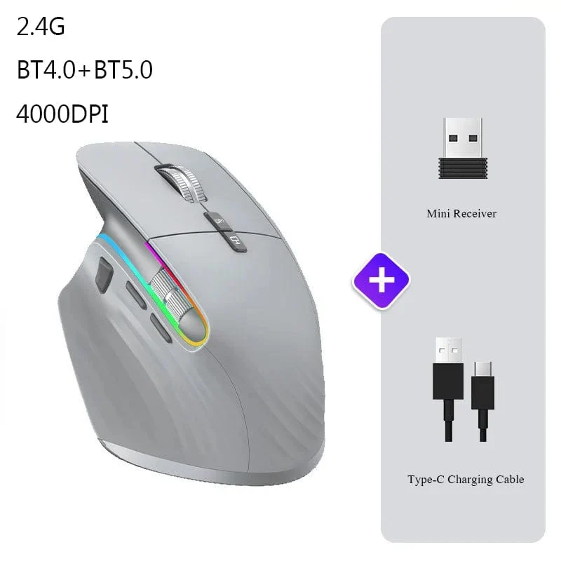 Kabellose Maus Bluetooth + 2.4G Tri-Mode-Maus Stummschaltmäuse Ergonomische Gaming-Maus USB-C Wiederaufladbar 5 DPI Für Laptop PC Notebook