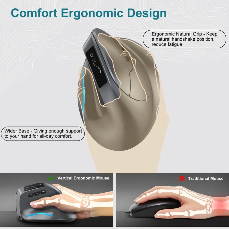 Lefon Vertikale Bluetooth-Maus, kabellose ergonomische Mäuse mit OLED-Bildschirm, RGB, optische USB-Wiederaufladbare Maus für PC, Laptop, Gaming
