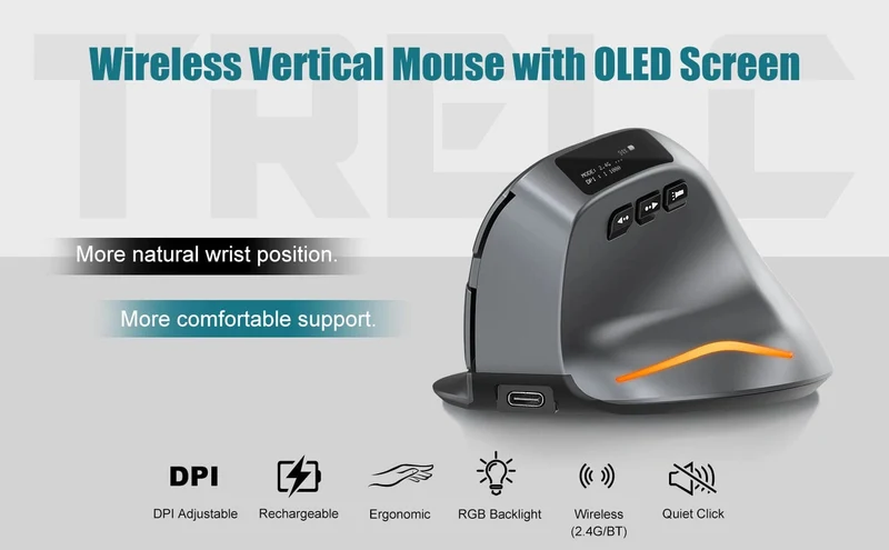 Lefon Vertikale Bluetooth-Maus, kabellose ergonomische Mäuse mit OLED-Bildschirm, RGB, optische USB-Wiederaufladbare Maus für PC, Laptop, Gaming