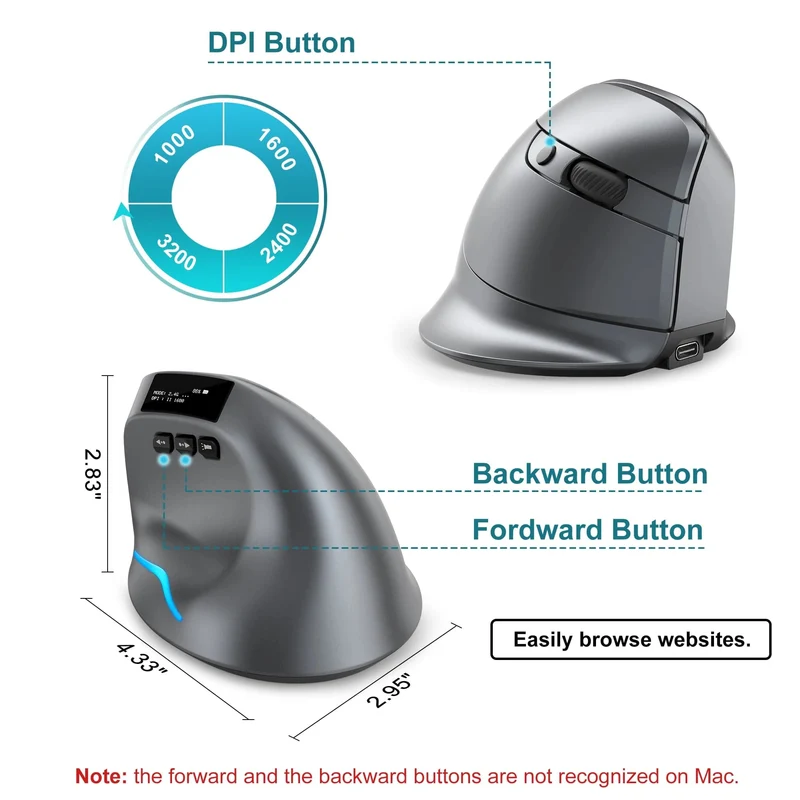 Lefon Vertikale Bluetooth-Maus, kabellose ergonomische Mäuse mit OLED-Bildschirm, RGB, optische USB-Wiederaufladbare Maus für PC, Laptop, Gaming