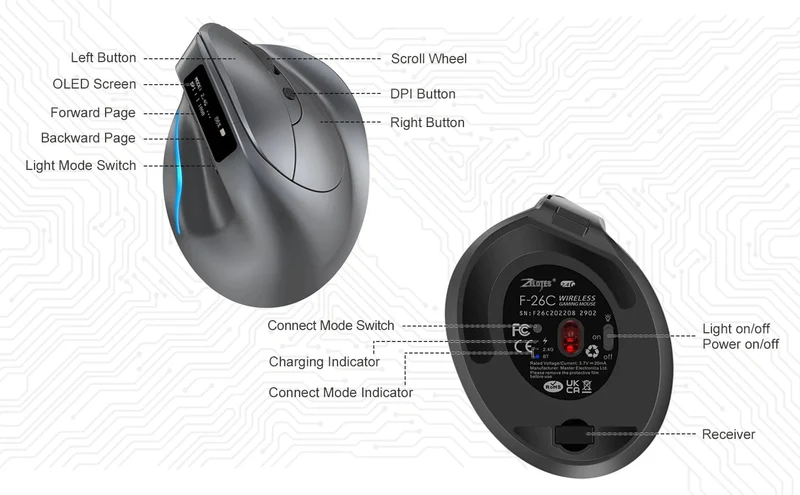 Lefon Vertikale Bluetooth-Maus, kabellose ergonomische Mäuse mit OLED-Bildschirm, RGB, optische USB-Wiederaufladbare Maus für PC, Laptop, Gaming