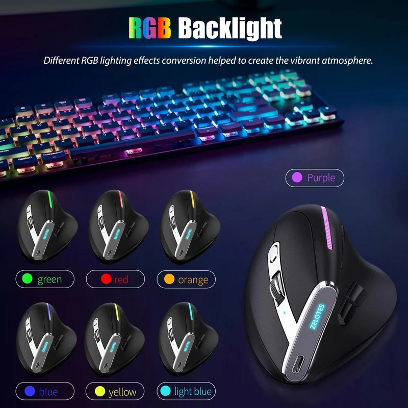 Lefon Vertikale Bluetooth-Maus, kabellose ergonomische Mäuse mit OLED-Bildschirm, RGB, optische USB-Wiederaufladbare Maus für PC, Laptop, Gaming