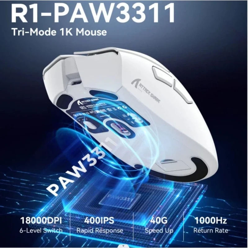 Attack Shark R1 18000dpi Kabellose Maus, 1000Hz, Tri-Mode-Verbindung, PAW3311, Makro-Gaming-Maus