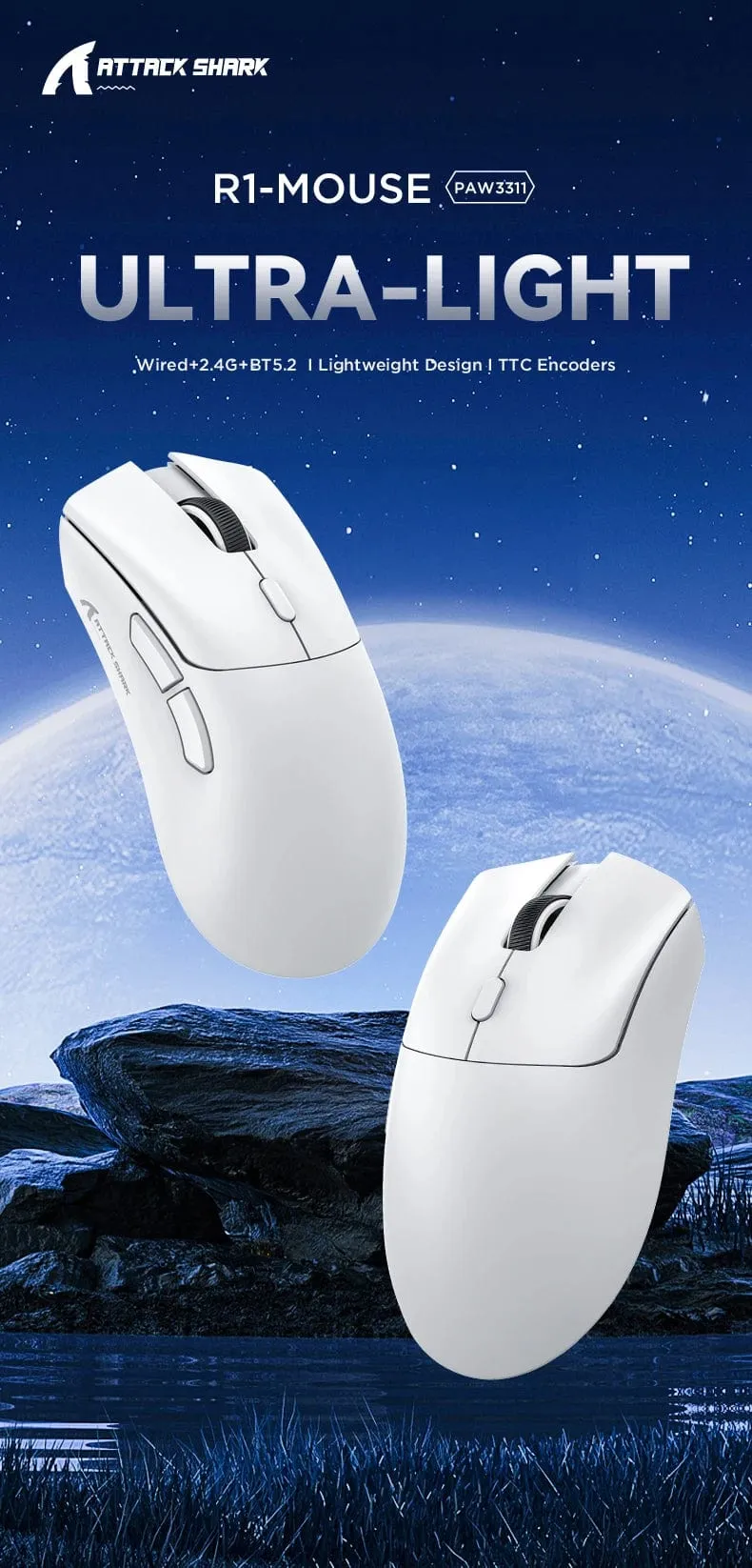 Attack Shark R1 18000dpi Kabellose Maus, 1000Hz, Tri-Mode-Verbindung, PAW3311, Makro-Gaming-Maus