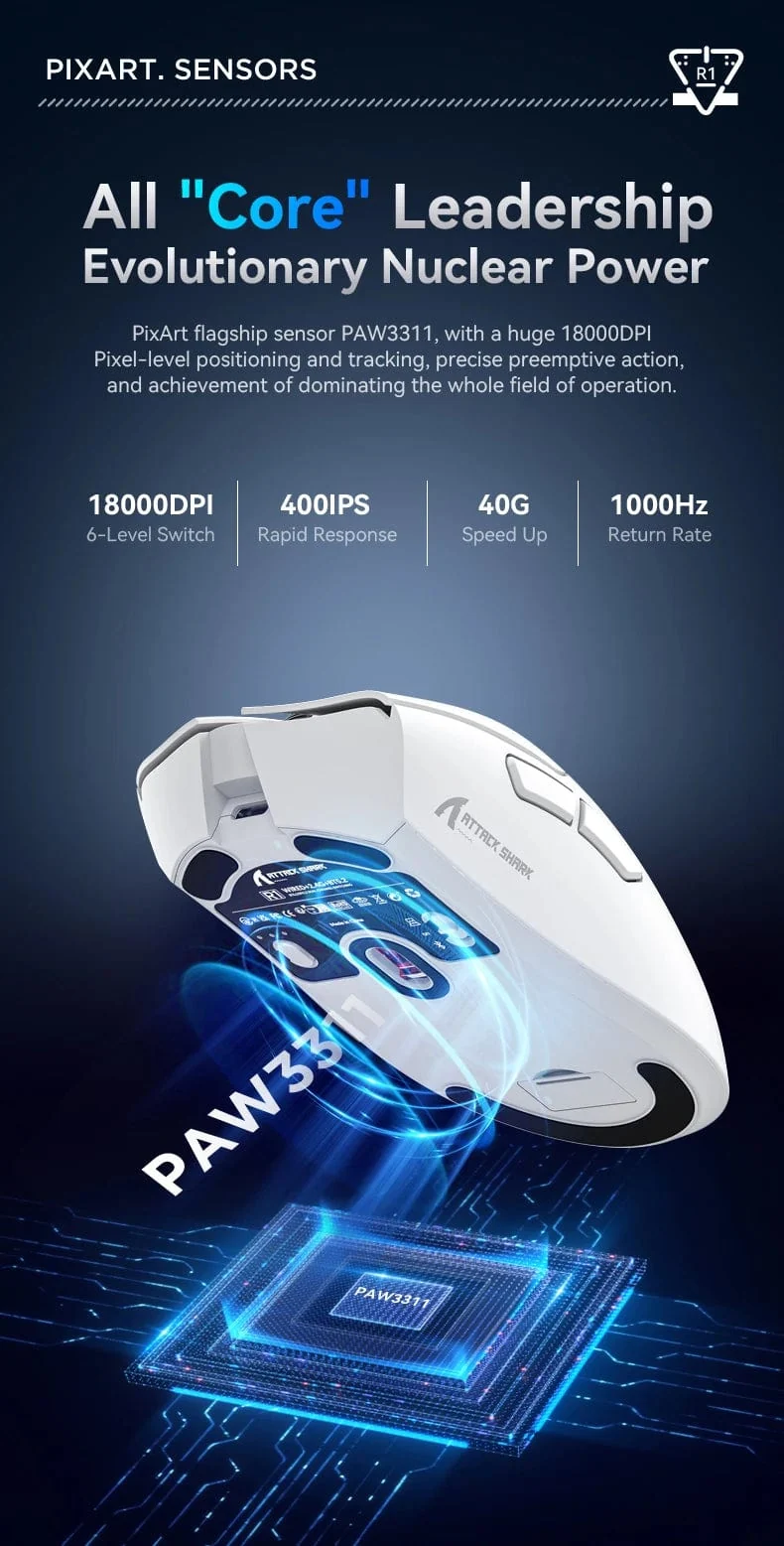 Attack Shark R1 18000dpi Kabellose Maus, 1000Hz, Tri-Mode-Verbindung, PAW3311, Makro-Gaming-Maus
